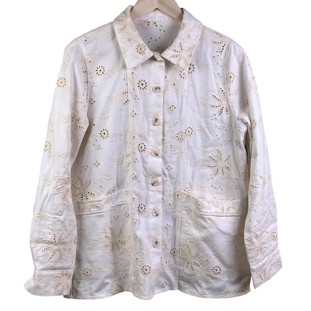 Solitaire Anthropology White Eyelet Floral Long Sleeve Jean Jacket L Check Size!